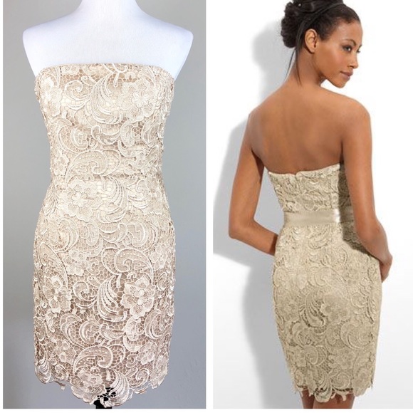 Adrianna Papell Strapless Lace Sheath Dress Tan 8 - Picture 1 of 7